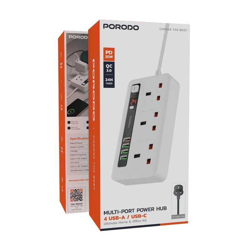 چندراهی برق و هاب شارژ پرودو مدل PD-FWCH013-BK (پریز UK) - Image 2