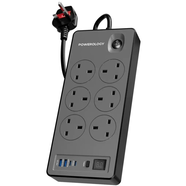 چندراهی برق و شارژر سریع Powerology مدل PWCUQC046BK – 6 پریز AC با خروجی PD/QC و پریزهای UK - Image 2