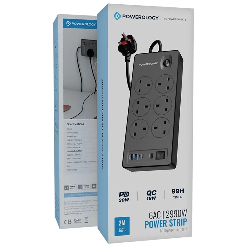 چندراهی برق و شارژر سریع Powerology مدل PWCUQC046BK – 6 پریز AC با خروجی PD/QC و پریزهای UK - Image 4